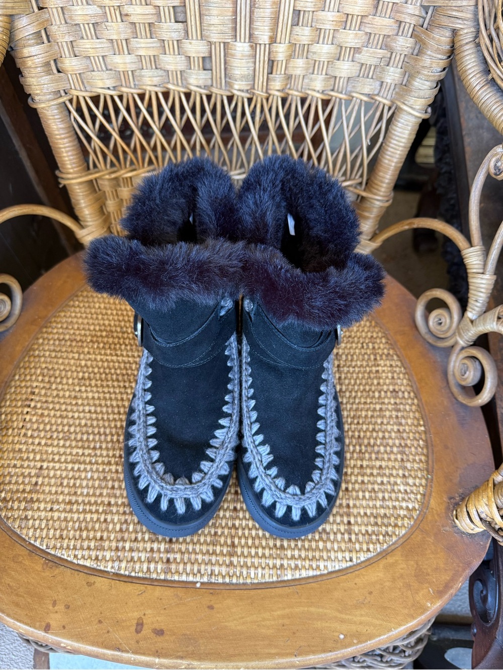 Black Suede Fur-Trim Ankle Booties for Women